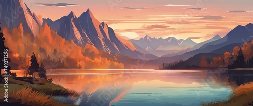 A beautiful mountain landscape with a lake in the foreground. The mountains are covered in autumn foliage, and the sky is a mix of pink and orange hues. Concept of tranquility and serenity