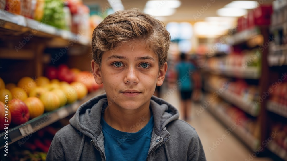 Portrait of smiling boy standing in grocery store and looking at camera Portrait of smiling boy standing in grocery store and looking at camera