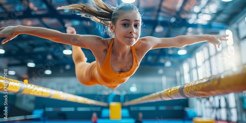 A gymnast executing a complex and thrilling maneuver on a balance beam in a professional gym, wearing vibrant athletic attire.