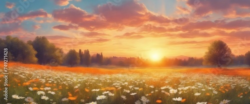 A field of flowers with a tree in the background. The sky is orange and the sun is setting