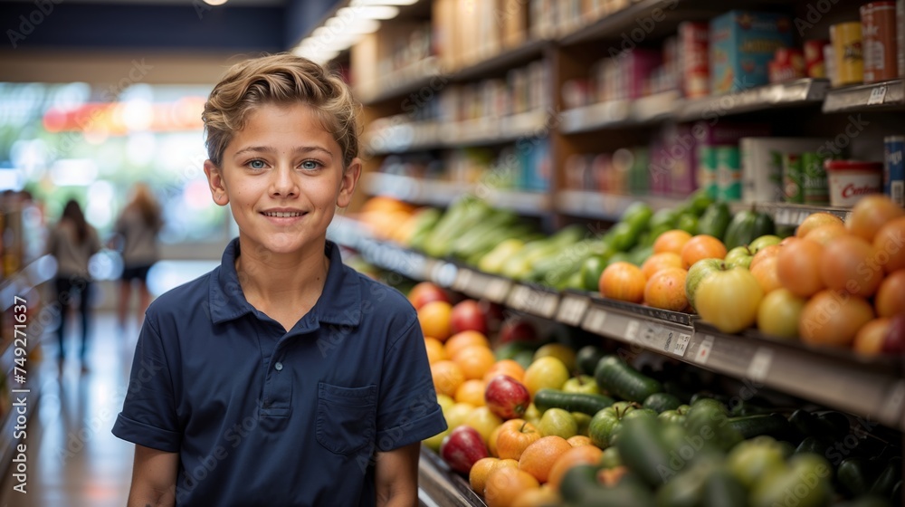 Portrait of smiling boy standing in grocery store and looking at camera