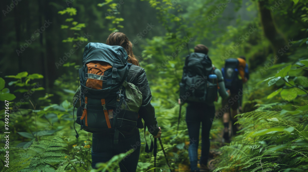 Group of hikers trekking in lush green forest with backpacks, exploring nature.