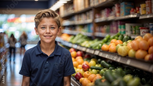 Portrait of smiling boy standing in grocery store and looking at camera © i7 Goraya