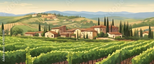 A beautiful countryside with a vineyard and houses. The houses are made of stone and have a rustic charm. The vineyard is lush and green, with rows of vines stretching out as far as the eye can see photo