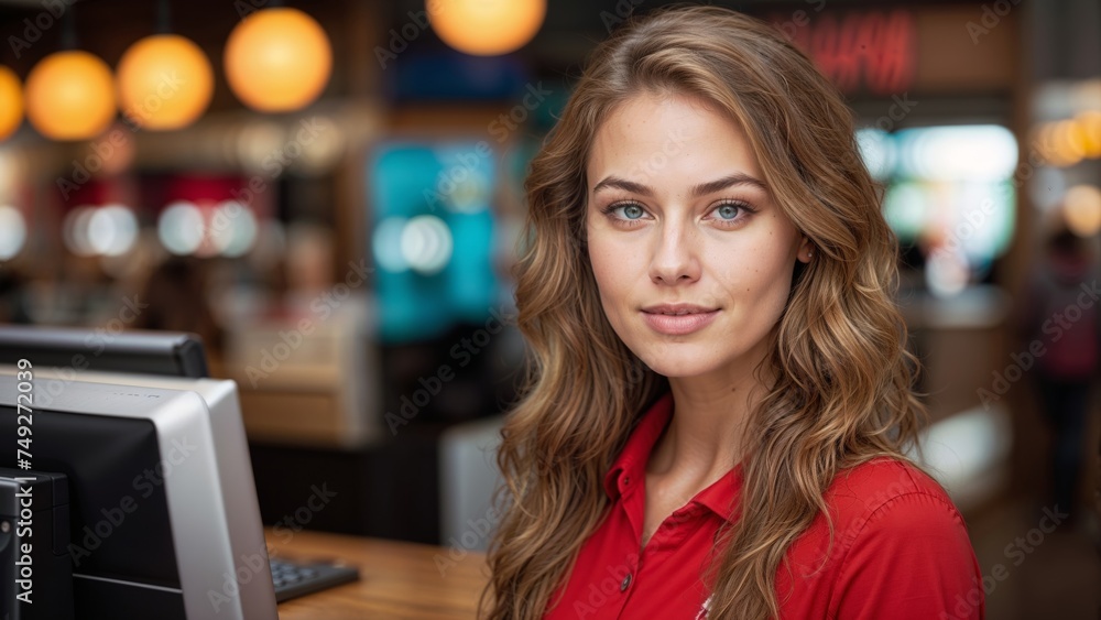 Portrait of young businesswoman sitting at table in cafe and looking at camera Portrait of young businesswoman sitting at table in cafe and looking at camera