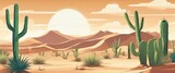 A desert scene with a cactus and a sun in the background. The sun is setting, creating a warm and peaceful atmosphere