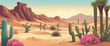 A desert scene with cacti and mountains in the background. Scene is peaceful and serene