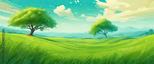 A lush green field with two trees in the foreground and a blue sky in the background. Scene is peaceful and serene
