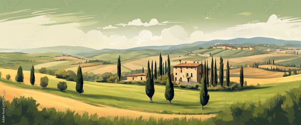 Fototapeta premium A painting of a countryside with a house and trees. The mood of the painting is peaceful and serene