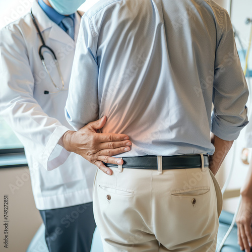 Doctor is diagnosing a patient's back pain in a hospital examination room. A male with back pain sees a doctor for treatment

