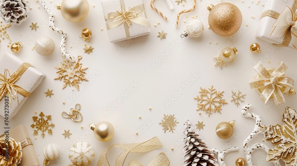 Golden Celebration: Christmas and New Year Mockup on White Table Golden Celebration: Christmas and New Year Mockup on White Table