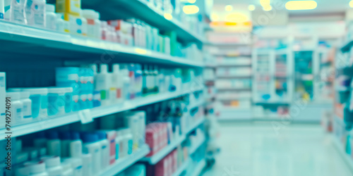 Blurred background of a pharmacy store. Pharmacist and medicine concept photo