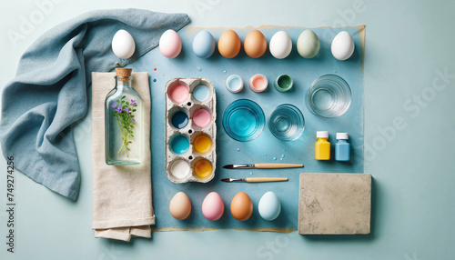 Creative Easter background with eggs, paint, brushes, egg carton and linen cloth. Flat lay on light blue background. Created with AI.