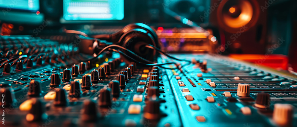 Close up of professional audio mixing board. Broadcasting. Sound studio equipment for recording music session. Sound production scene. Generative ai. - obrazy, fototapety, plakaty 