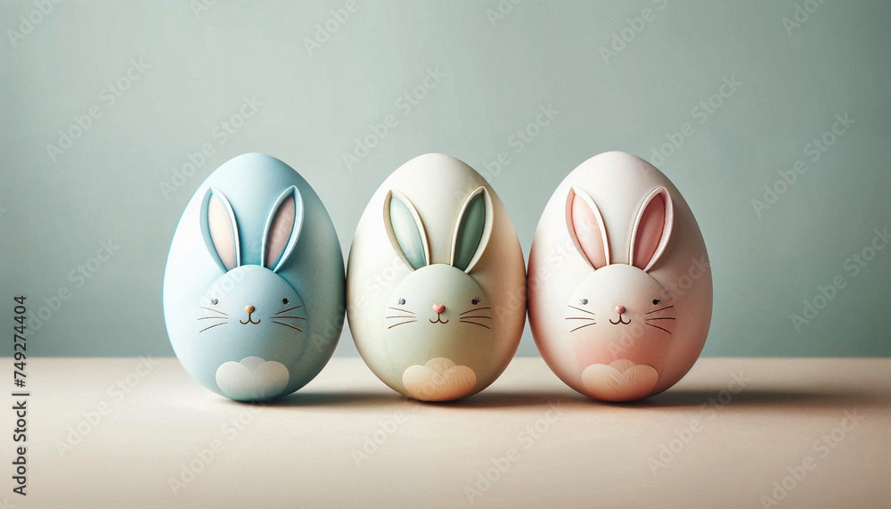 Three colored eggs with happy bunny faces and ears on them, arranged in a row. Creative Easter themed background. Created with AI.
