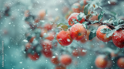 Ripe apples growing on a branch with green leaves in the snow. Winter day. Bokeh effect. AI generative