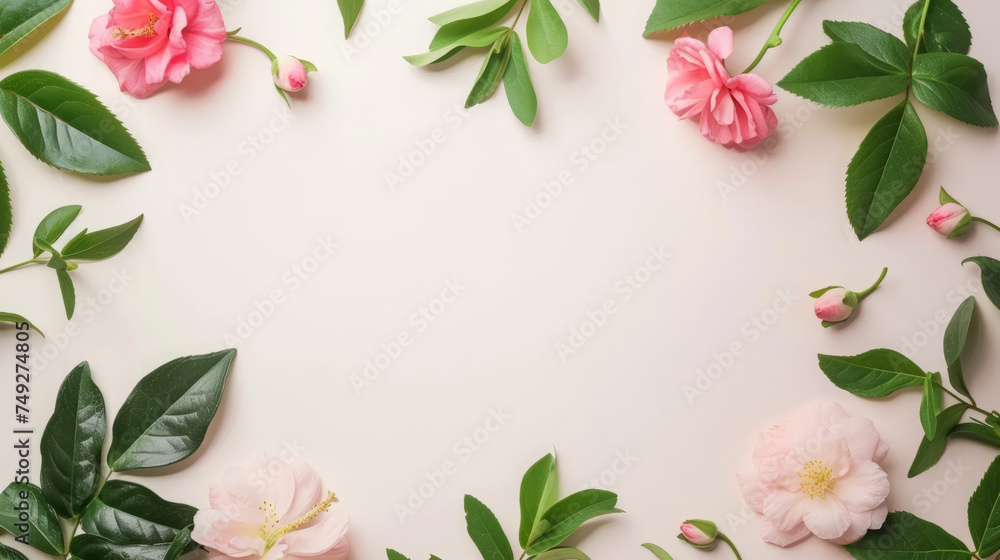 Rose flowers top view, floral background, free space