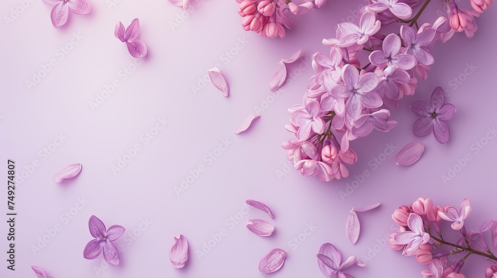 Lilac flowers top view spring background, free space