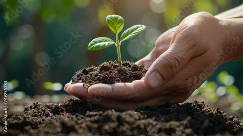 Close-up of a hand holding soil with a young plant sprouting, against a blurred natural background with sunlight filtering through.
