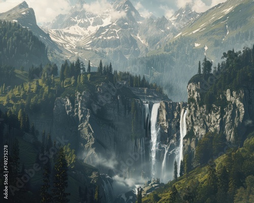 A beautifully detailed view of a waterfall and mountain