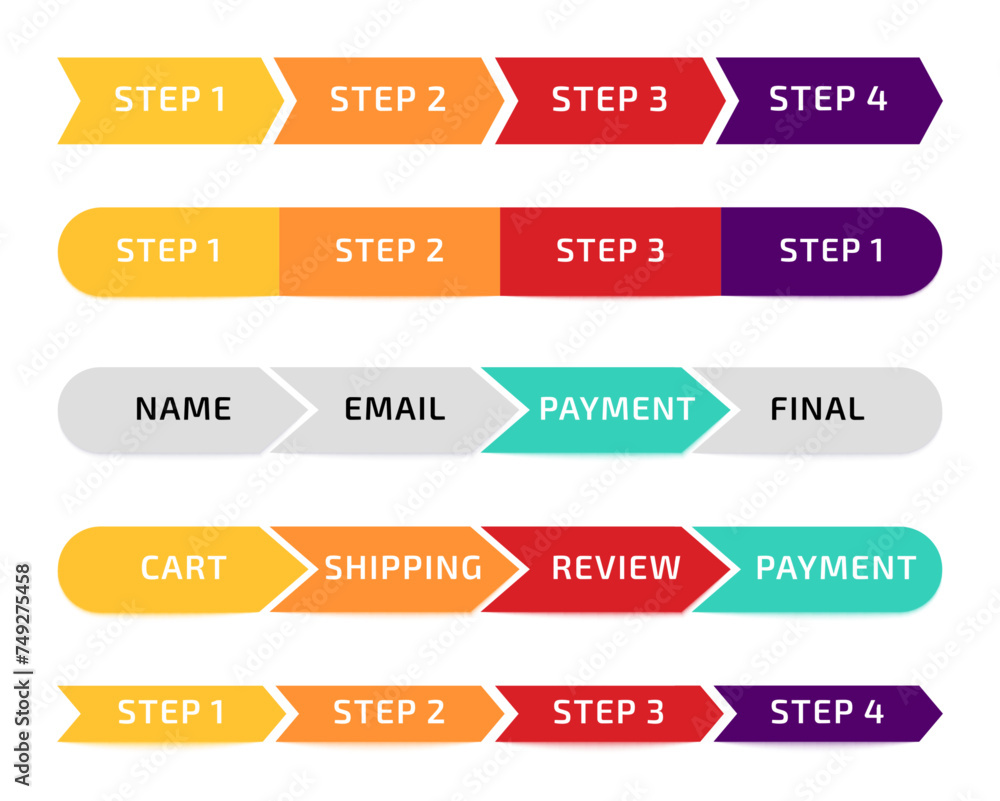 Progress bar. Infographic design. Sequence step. Shopping process icons. Purchase payment chart. Timeline phases. Progressive arrow infochart. Flowchart level. Vector development scheme indicators set