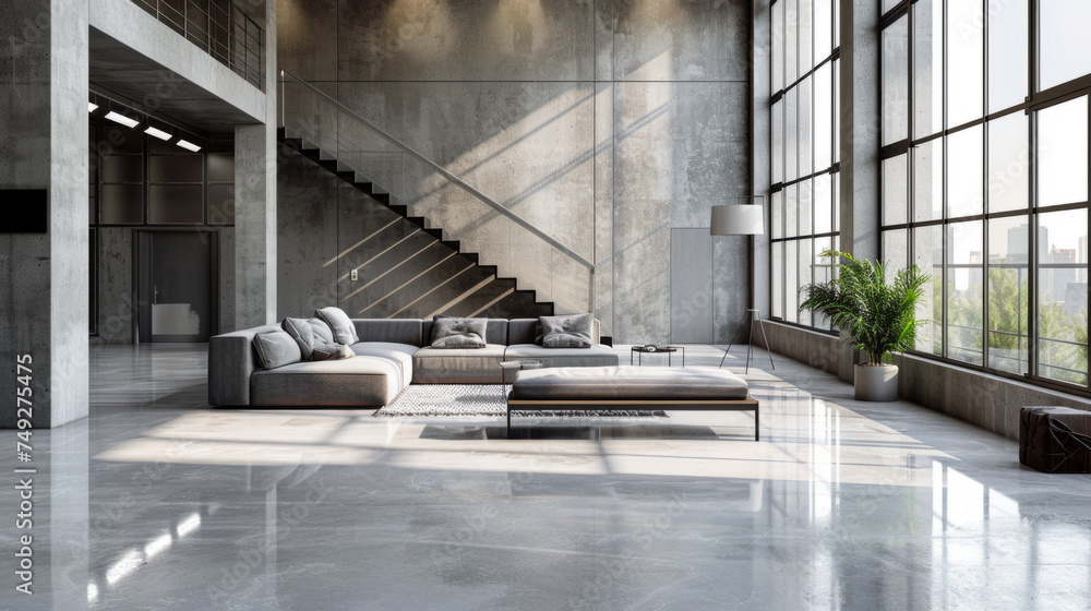 Modern living room with large windows, polished concrete walls, and luxurious furnishings including a sectional sofa, coffee table, and staircase leading to an upper level. - obrazy, fototapety, plakaty 