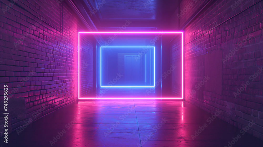 Vibrant hallway illuminated by contrasting red and blue neon lights, evoking a cyberpunk aesthetic