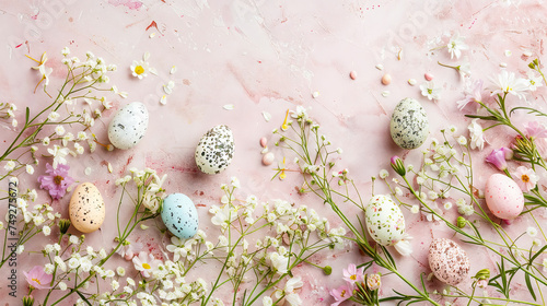 Easter themed background with bunch of eggs greenery and flowers, on painted pink background with copy-space. Created with AI.
