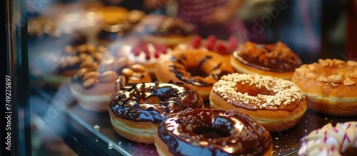 A display case showcasing a variety of donuts in different colors, shapes, and flavors. The donuts are neatly arranged and tempting to any sweet tooth, with a shallow focus highlighting their