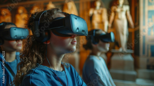 Group of individuals experiencing virtual reality with VR headsets, standing in a museum with ancient artifacts in the background, absorbed in the immersive technology.