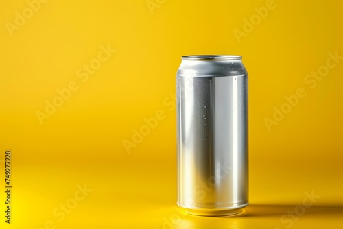Silver aluminum can of beer rests on bright yellow surface
