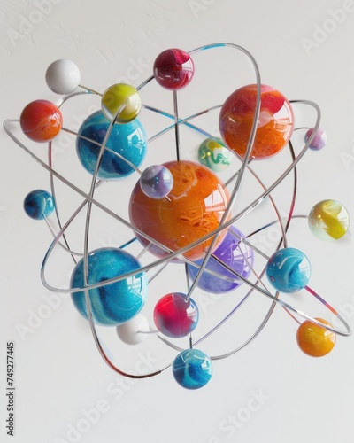 Atomic structure. Nucleus with atoms, scientific model, isolated. AI generated.