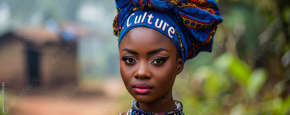 Stunning African woman in traditional attire with a vibrant headwrap, the word Culture in the foreground, showcasing rich heritage and ethnic fashion Stunning African woman in traditional attire with a vibrant headwrap, the word Culture in the foreground, showcasing rich heritage and ethnic fashion