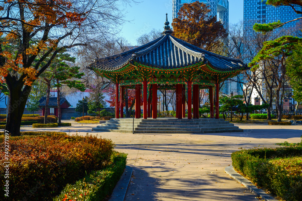 Seoul Korea Landmark Historic Architecture of Tapgol Park Pagoda, the first modern-style public park with pavilion in Korea