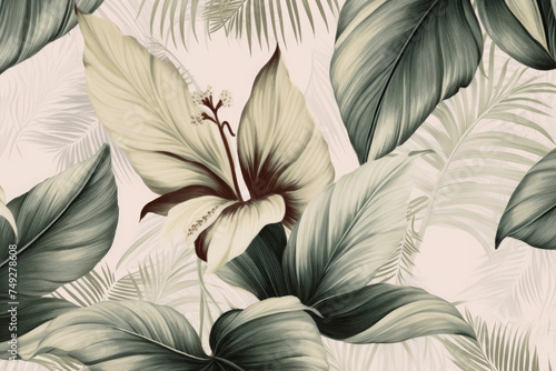 Vintage botanical illustration of tropical leaves  boho style wallpaper
