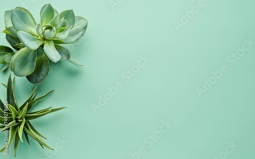 Green leaves on light green surface, isolated on background, design template, space for text, banner, greeting card, poster, minimalistic, wedding, march, mothers day, invitation