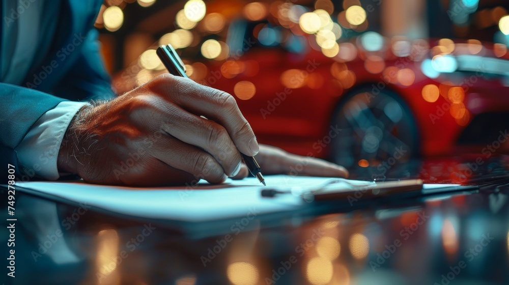 A car dealer signs a contract for a new car at a car showroom. The motive for purchasing a new car at an authorized showroom is the concept of concluding a car purchase contract. - obrazy, fototapety, plakaty 