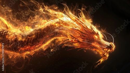 Predatory dragon wild animal, beast isolated black background. Power of blazing fire flame. Generative ai.