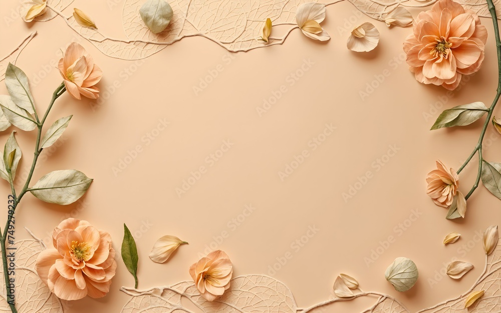 Flowers frame on peach surface, isolated on background, design template, space for text, banner, greeting card, poster, minimalistic, wedding, march, mothers day Flowers frame on peach surface, isolated on background, design template, space for text, banner, greeting card, poster, minimalistic, wedding, march, mothers day
