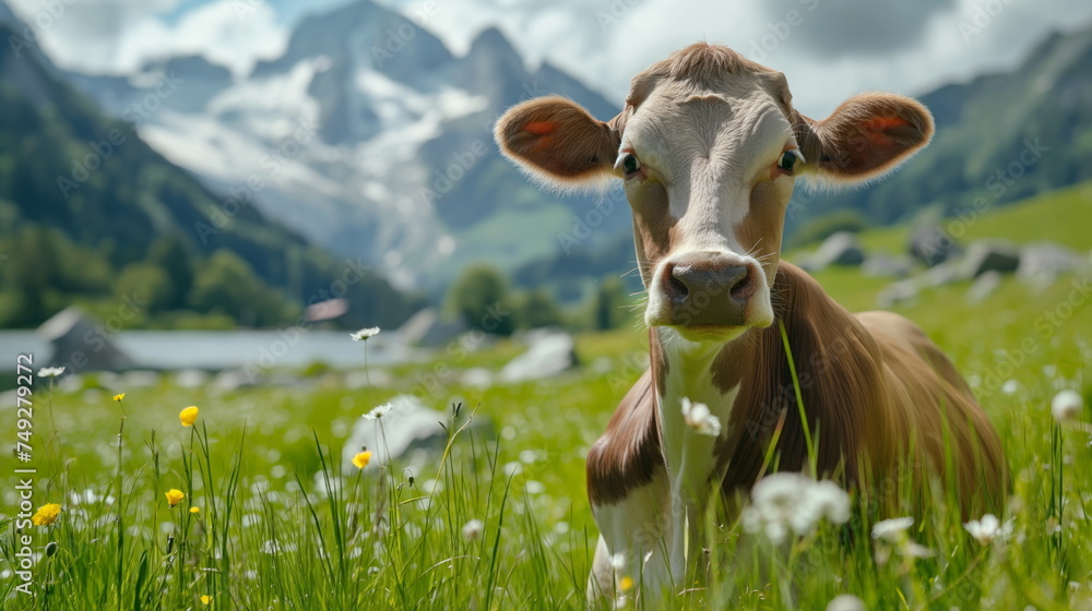 Contented cow lies in a lush meadow with vibrant wildflowers, a picturesque mountain range softly focused in the distance, peaceful rural life