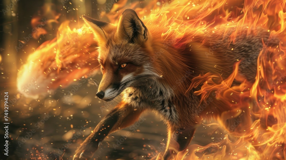 Preditor Fire Animal Predatory fox wild animal, beast isolated black background. Power of ...