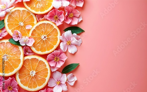 Oranges and flowers on pink surface, isolated on background, design template, space for text, banner, greeting card, poster, minimalistic, wedding,