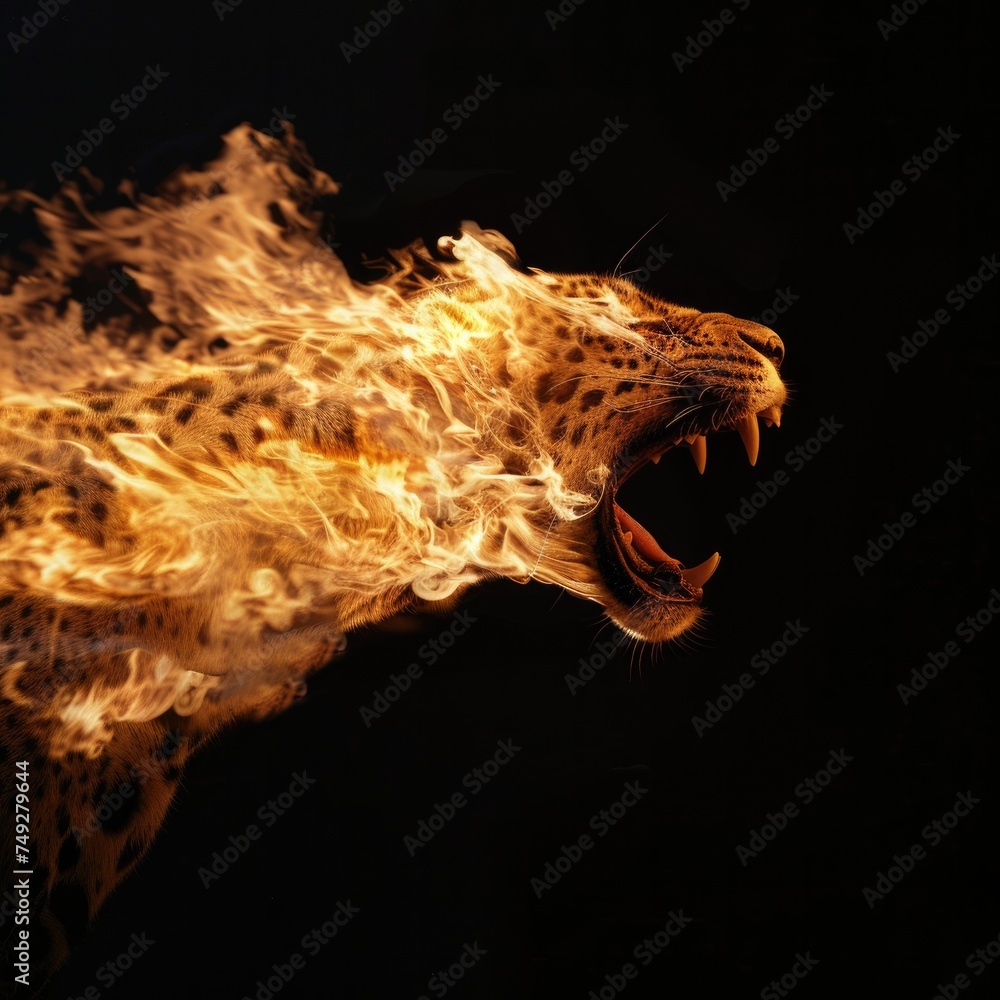 Predatory jaguar wild animal, beast isolated black background. Power of blazing fire flame. Generative ai.