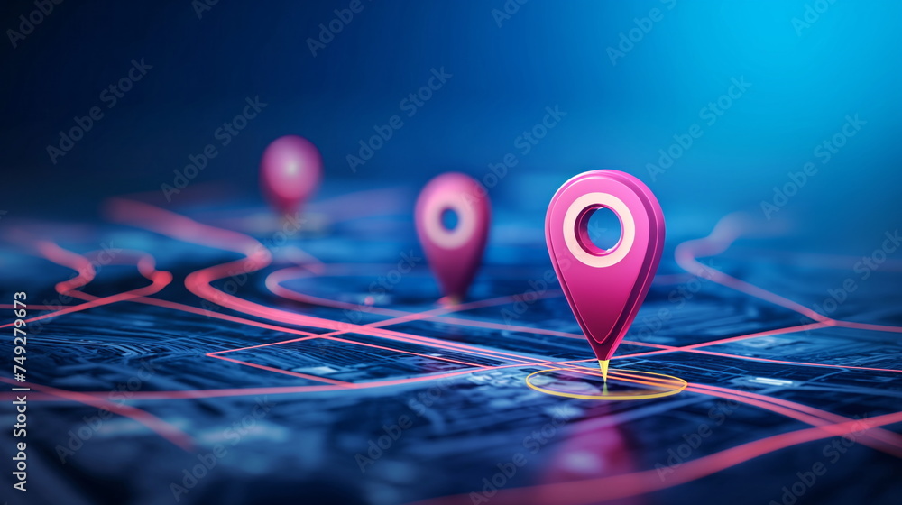 Obraz premium Vibrant digital map with glowing pink location pins on a dark background, depicting modern GPS navigation technology in a visually striking way