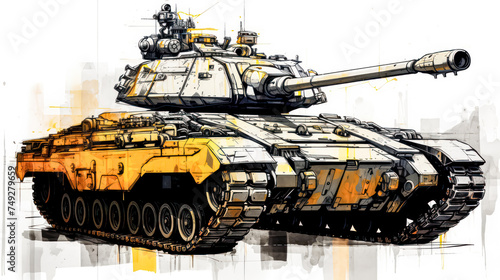 A striking watercolor sketch of a tank with yellow gray lines