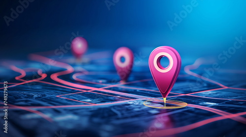 Vibrant digital map with glowing pink location pins on a dark background, depicting modern GPS navigation technology in a visually striking way photo