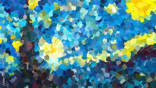 Pattern in the style of impressionist paintings. Brush strocke glowing moon on a blue sky abstract background. A sky full of wonderful stars shine. The brush magic of night.
