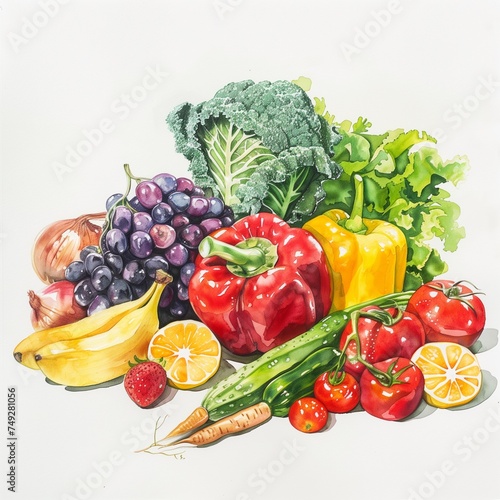 Watercolor painting of fruits and vegetables with a white background