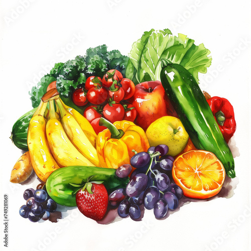 Watercolor painting of fruits and vegetables with a white background