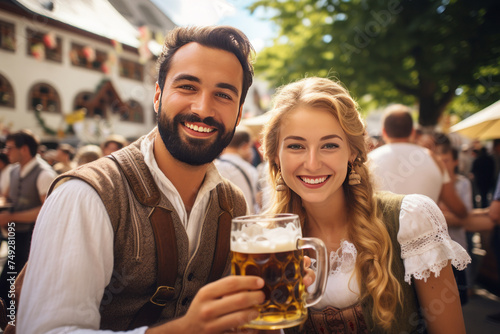 Oktoberfest beer festival  a man and a woman in dirndl attire posing outdoors.